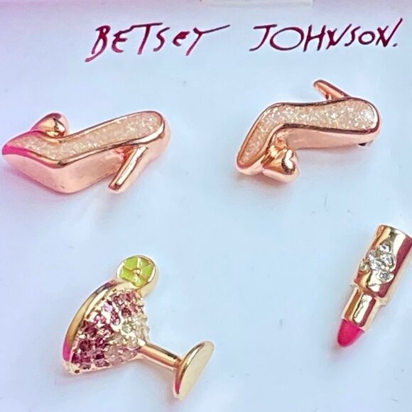 Betsey Johnson High Heels Lipstick Martini Stud Earring Set Crystal Accents NEW - Picture 1 of 9